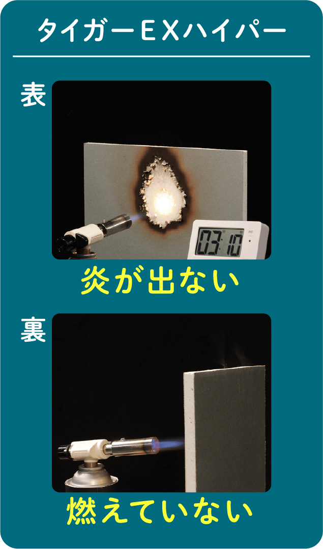 タイガーEXハイパーは表面は炎は出ず、裏面も燃えていない
