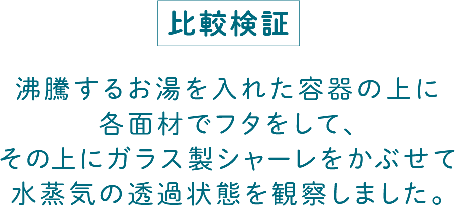 沸騰するお湯を入れた容器の上に各面材でフタをして、その上にガラス製シャーレをかぶせて水蒸気の透過状態を観察しました。